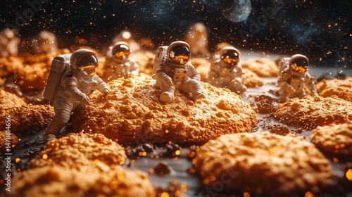 Cosmic cookie landscape astronauts in a fantasy space exploration scene