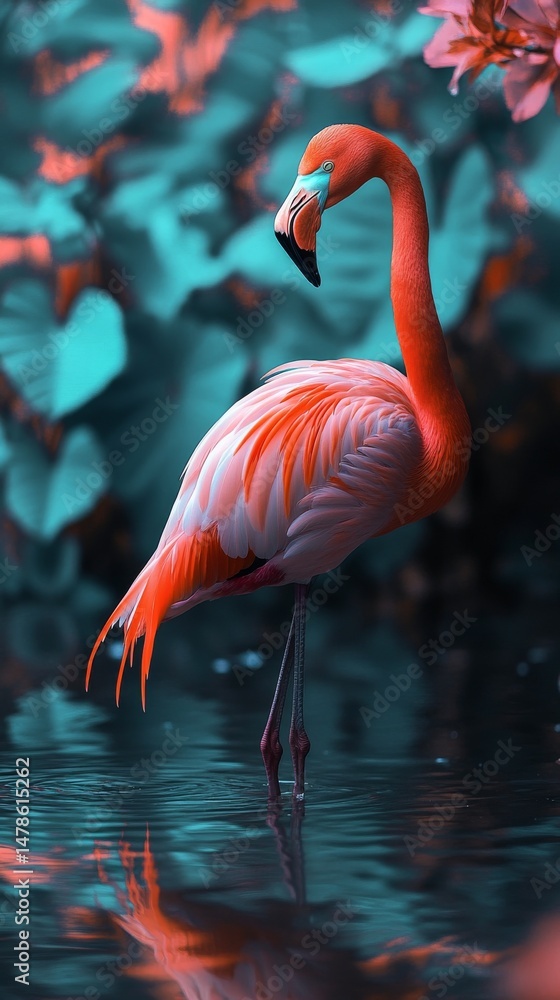 Fototapeta premium Pink flamingo standing in a pool of water, surrounded by lush greenery.