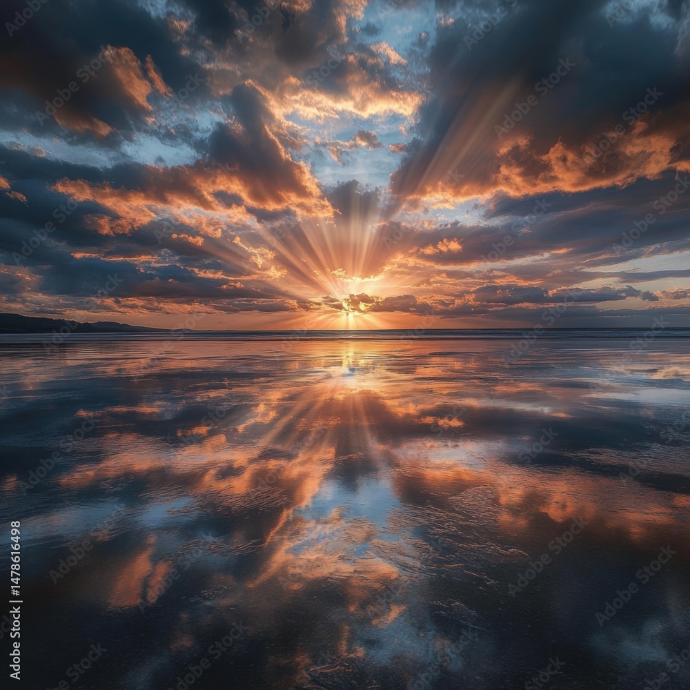 Obraz premium Dramatic sunset over reflective ocean water with sun rays and cloudscape in coastal landscape view