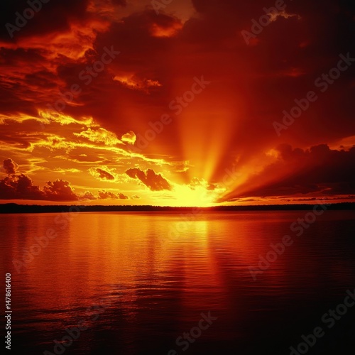 Fiery sunset over tranquil lake water reflecting golden light rays and dramatic clouds in scenic nature landscape