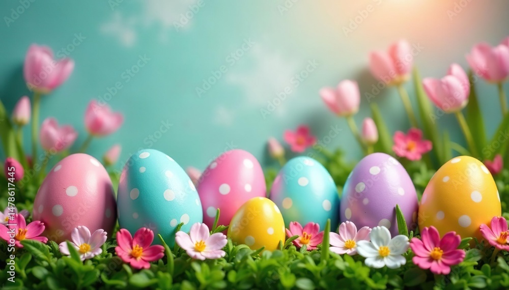 A vibrant Easter egg display with spring flowers , flowers, rabbit, colorful A vibrant Easter egg display with spring flowers , flowers, rabbit, colorful