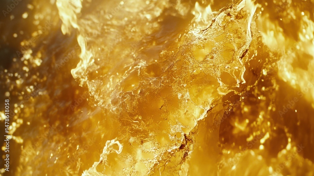 Golden liquid splashing in sunlight close-up macro shot of golden liquid movement with bubbles and waves for background or texture Golden liquid splashing in sunlight close-up macro shot of golden liquid movement with bubbles and waves for background or texture