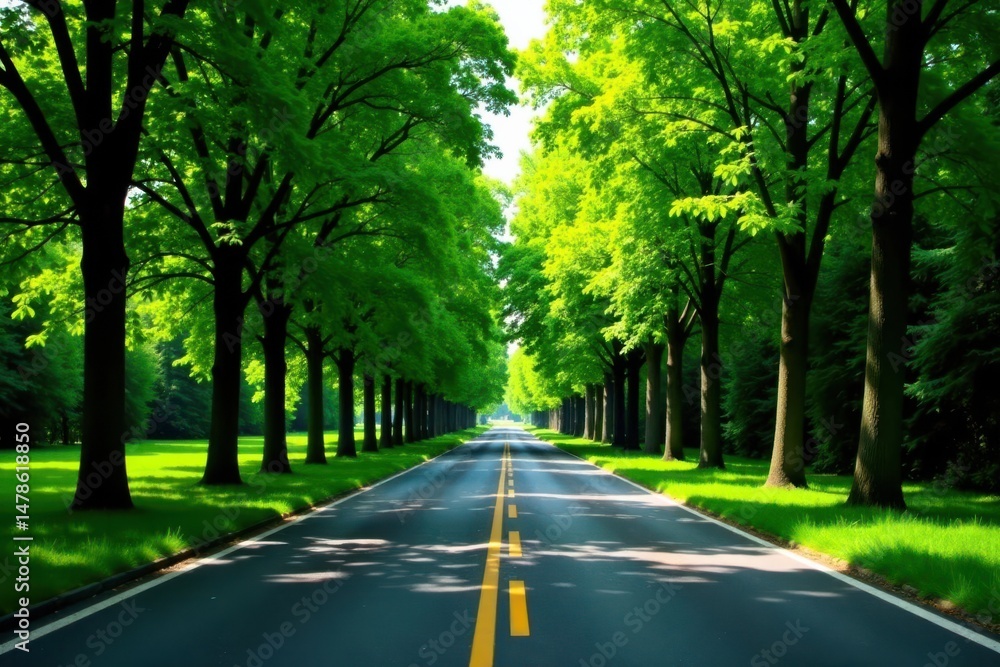 Fototapeta premium A sun-dappled road winds through a vibrant green tree-lined avenue, promising tranquil journeys and scenic adventures.