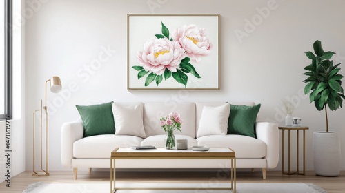 Blush pink peony art with elegant layout and blooming florals in soft light
