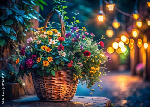 Night Watercolor Plant Basket, Painted Texture, Botanical Illustration, Floral Still Life