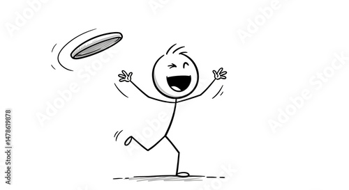 Animated stick figure joyfully playing frisbee against a clean white backdrop