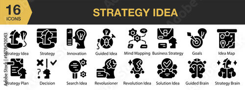 Strategy Idea solid icon set. Includes solution, teamwork, development, goal, growth, leadership, and More. Solid icons vector collection.