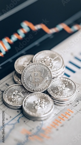 Stack of silver bitcoin coins on financial documents