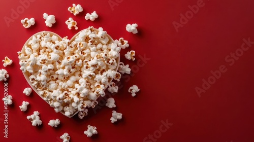 Classic movie popcorn in heart shape, salted kernels on red flat lay