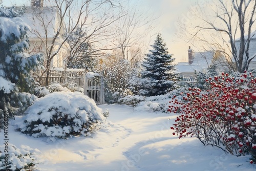 Picturesque winter wonderland scene of a snowy garden with a white fence, trees, and a beautiful sky.