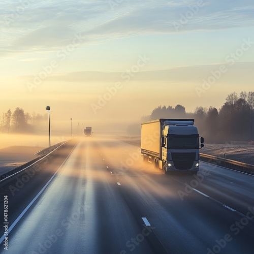 Wallpaper Mural Truck on the highway early in the morning with fog in the background and asphalt in the foreground. Torontodigital.ca