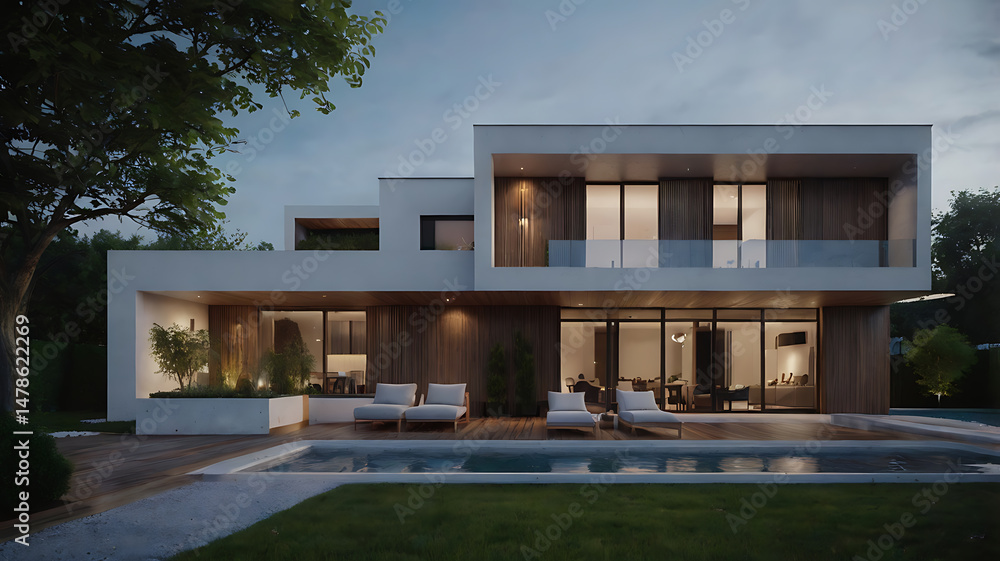 Modern luxury home exterior with swimming pool and outdoor seating at dusk Modern luxury home exterior with swimming pool and outdoor seating at dusk