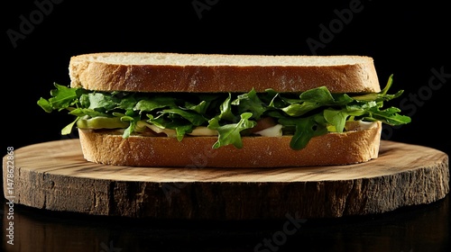 Artisanal sandwich with fresh arugula on a wooden cutting board isolated