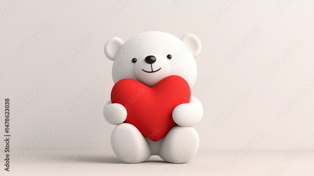 Obraz premium White Teddy Bear Holding Red Heart Against Textured White Background
