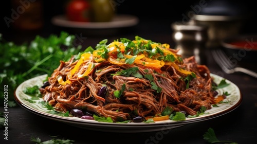 Delicious pulled pork with beans and fresh herbs.