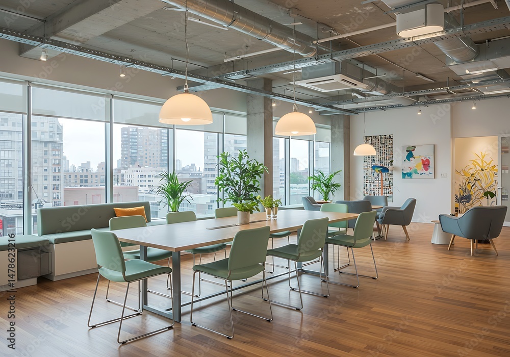 Fototapeta premium Modern office space with large table, chairs and city view from the window