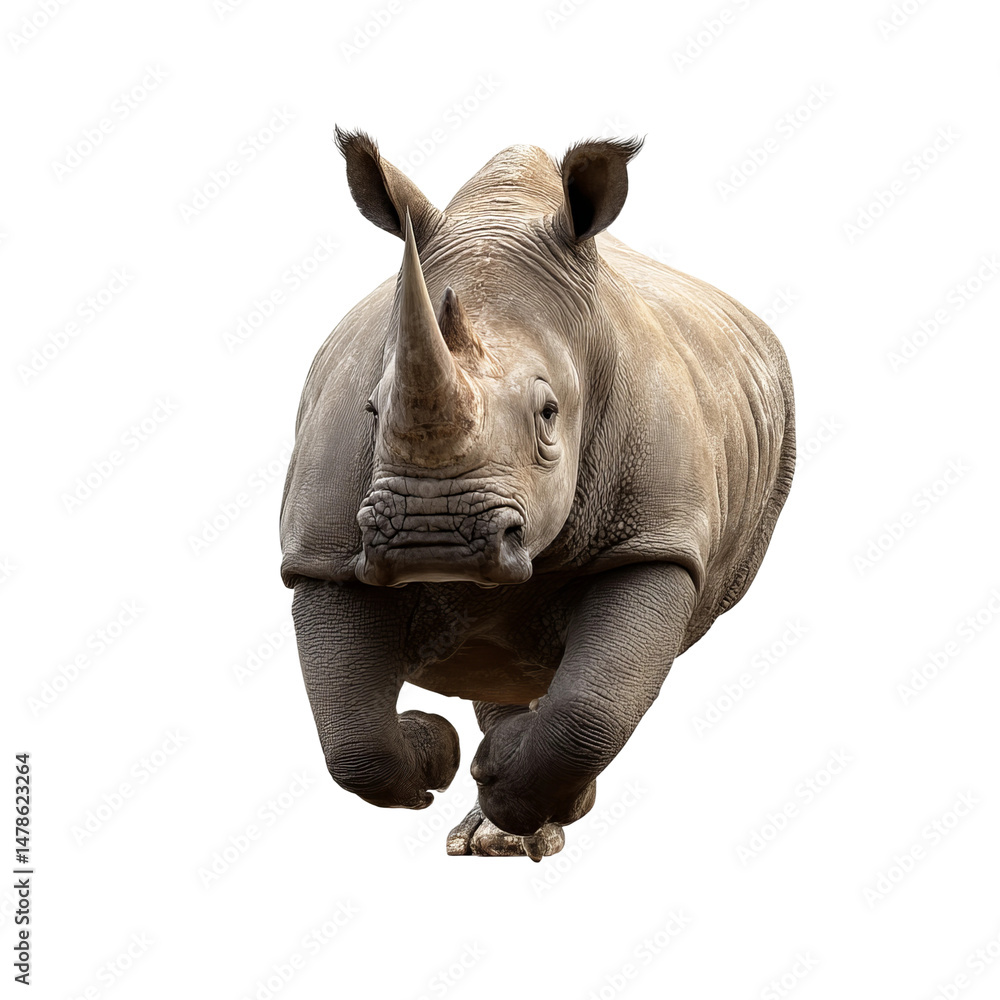 Obraz premium A majestic rhinoceros charging towards the viewer with its formidable horn