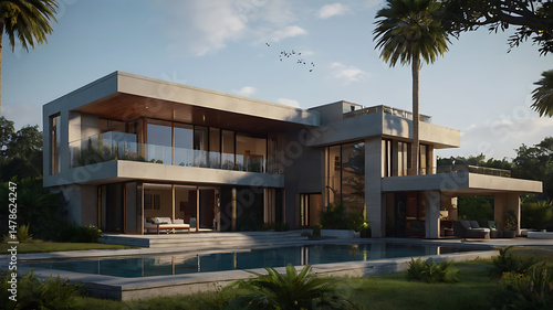 Wallpaper Mural Modern luxury home with swimming pool, palm trees and a beautiful blue sky Torontodigital.ca