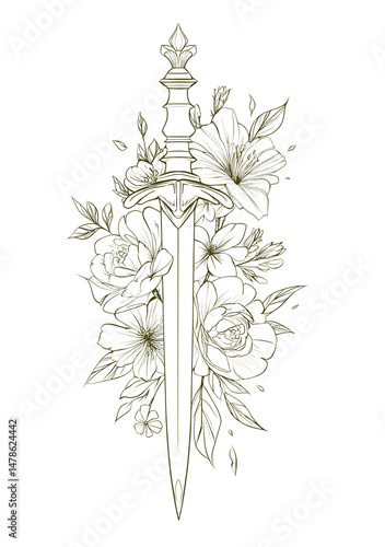 
A simple line drawing of an ornate dagger with flowers growing out of the top, against a white background