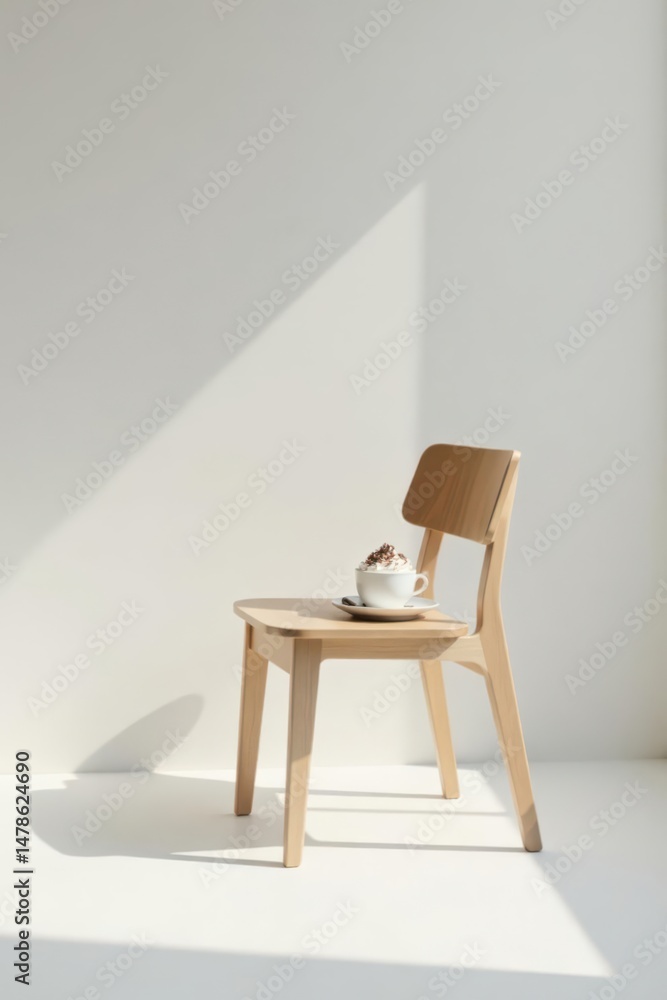 Fototapeta premium A light wooden chair sits in a sunlit room, a warm beverage rests on its seat