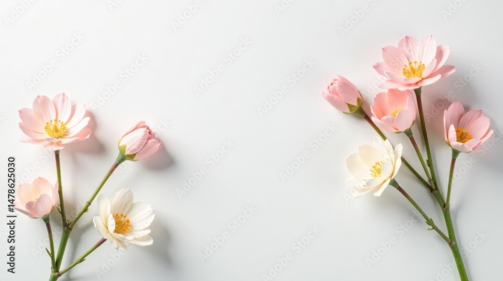 Fototapeta premium Delicate Pink and White Blooms Arranged on a Pristine White Background, Ideal for Greeting Cards and Invitations