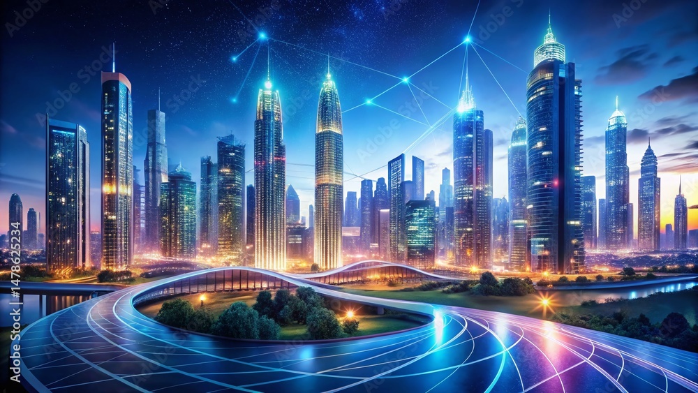 Fototapeta premium Panoramic Abstract Cityscape: Interconnected Organic Skyscrapers