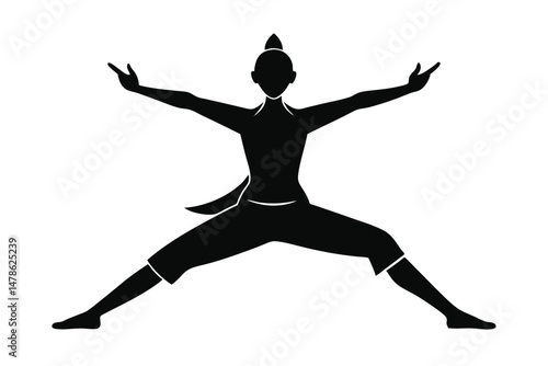 Black Silhouette Yoga Fusion with Tai Chi Style Vector Illustration
