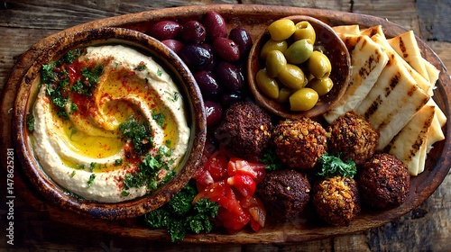 Middle Eastern platter with dips, olives, falafel, bread