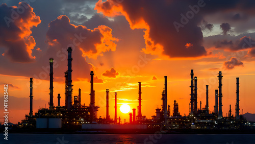 oil refinery with a orange sky In the afternoon with slight touches