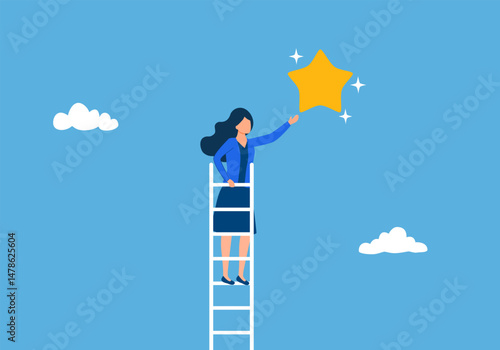 Success ladder to reach goal, achievement or opportunity, climb up ladder to get new hope, accomplishment or career development concept, businesswoman climb up ladder of success to reach star target.