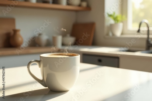 Wallpaper Mural A steaming cup of coffee sits on a kitchen counter bathed in sunlight, creating a tranquil morning scene in a minimalist kitchen setting. Torontodigital.ca