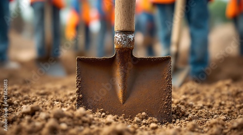 Close up view of a rusty shovel digging in the soil at a construction site during the day