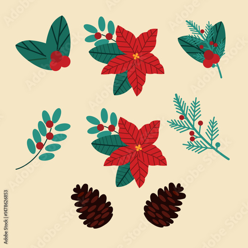 piñones, noche buena y plantitas, navideño-vector