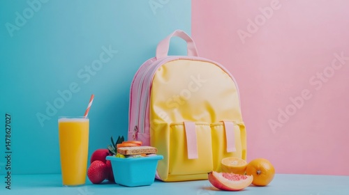 Colorful school backpack and lunch box with fruits, sandwich and juice.