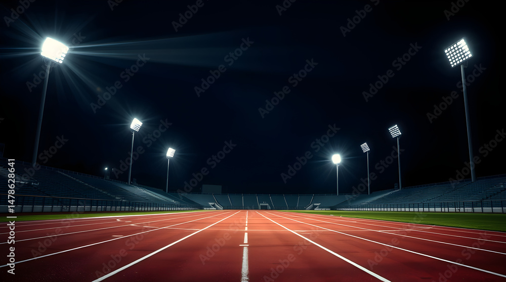 Naklejka premium Running track in an empty stadium illuminated at night