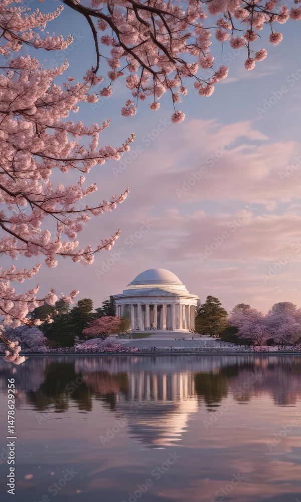 Obraz premium Jefferson Memorial reflected in tidal basin, cherry blossoms in foreground, festival, picture, branches