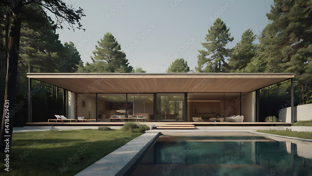 Fototapeta premium Modern minimalist home with a swimming pool surrounded by lush green trees