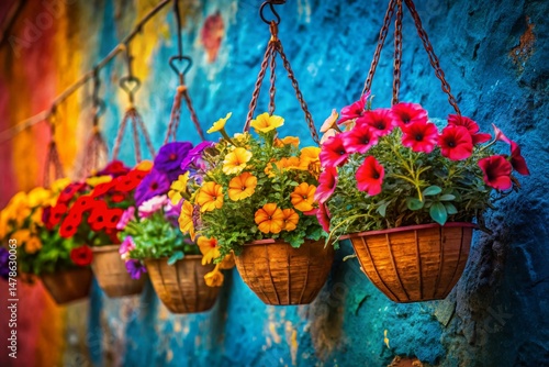 Panoramic Modern Gradient Flower Hanging Baskets on Textured Wall