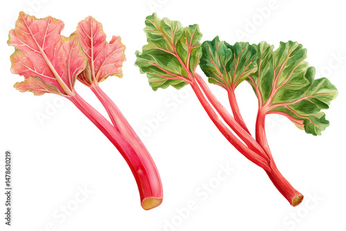 Fresh Rhubarb Stalks and Leaves on Transparent Background