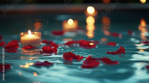 Romantic Night: Floating Candles and Rose Petals in a Pool