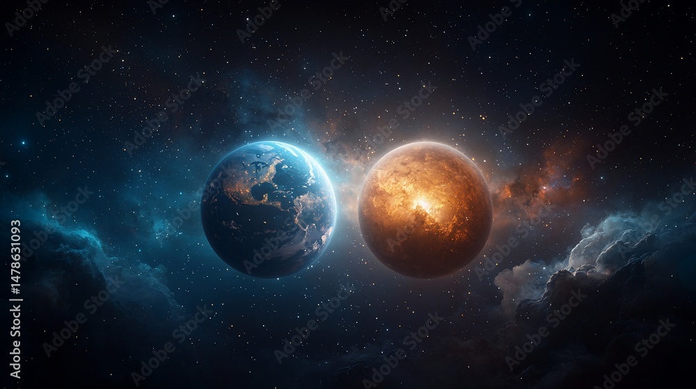 Obraz premium Two planets, one vibrant blue, one fiery orange, in a cosmic expanse