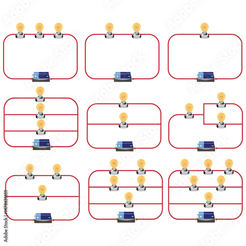 a collection of electrical circuits with lights and batteries, parallel circuits, series circuits, mixed circuits.