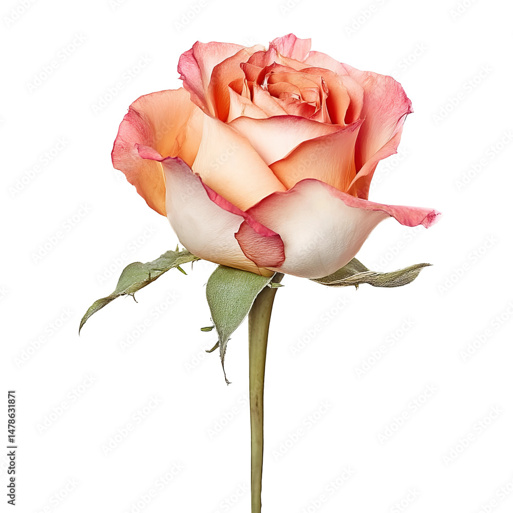 Fototapeta premium A single, delicate peach and white rose with green leaves, isolated against a white background. The rose is in full bloom, with soft petals. The rose is the symbol of love, beauty, and grace.