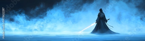 Mysterious figure with glowing blade in a misty landscape.