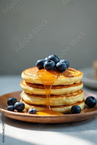 A delightful stack of golden pancakes, adorned with juicy blueberries and a luscious honey drizzle, served on a rustic wooden plate.