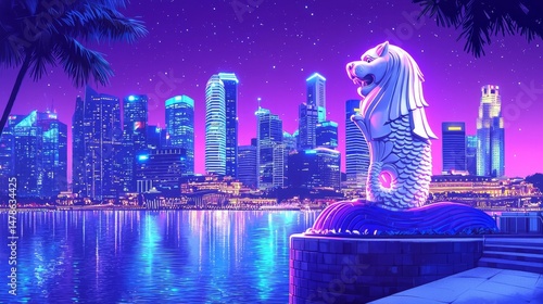 A captivating illustration of the Merlion with the cityscape of Singapore.