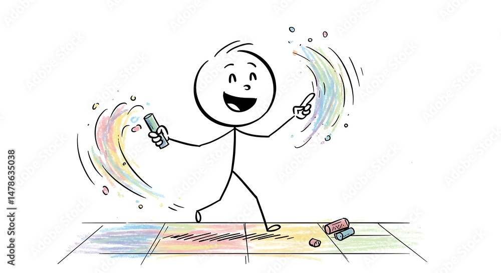Obraz premium Joyful stick figure artist creating vibrant chalk art on sidewalk tiles