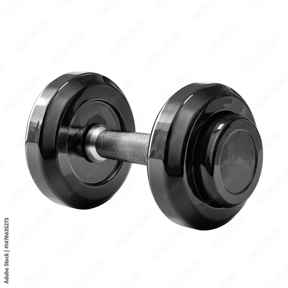 Black dumbbell with chrome handle for fitness and strength training isolated on a transparent background Black dumbbell with chrome handle for fitness and strength training isolated on a transparent background