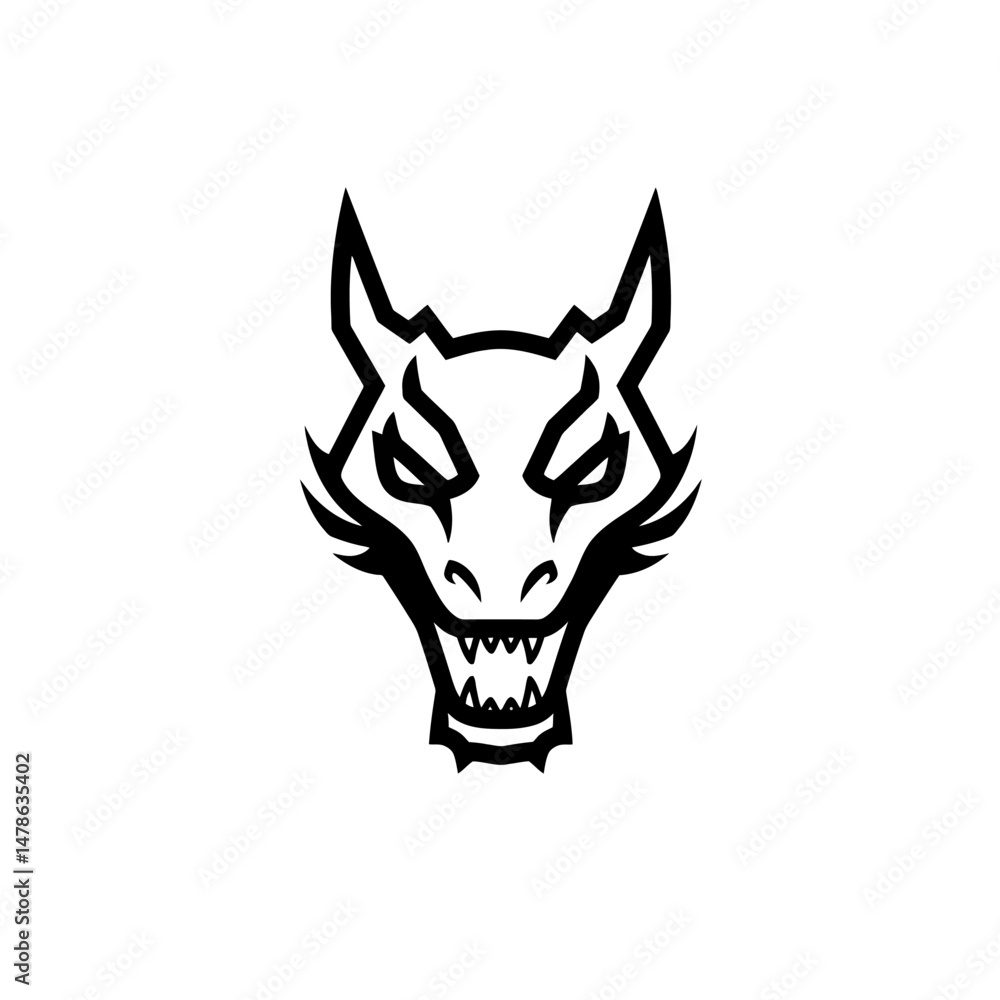 Obraz premium Dragon Head Vector Illustration, Black and White Mascot Logo