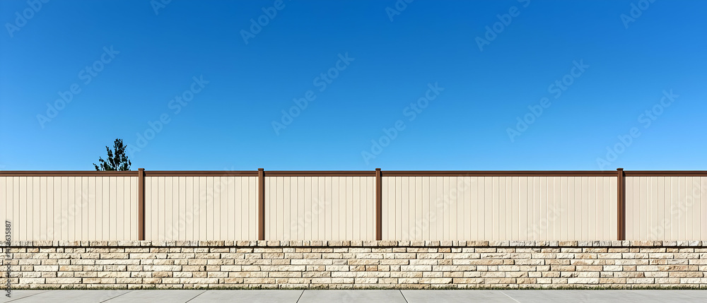 Beige Fence With Brown Posts Against Clear Blue Sky Beige Fence With Brown Posts Against Clear Blue Sky
